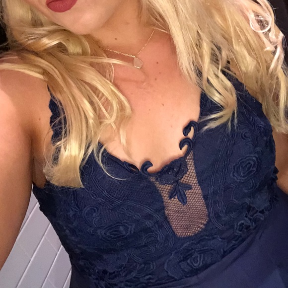 Hello Molly Lace Top Mini Romper Playsuit in Navy - Picture 5 of 6